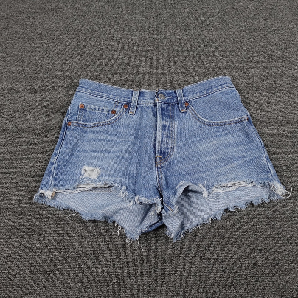 Levi's Premium 501 Shorts Womens W26 Blue Denim High Rise Distressed Cutoff